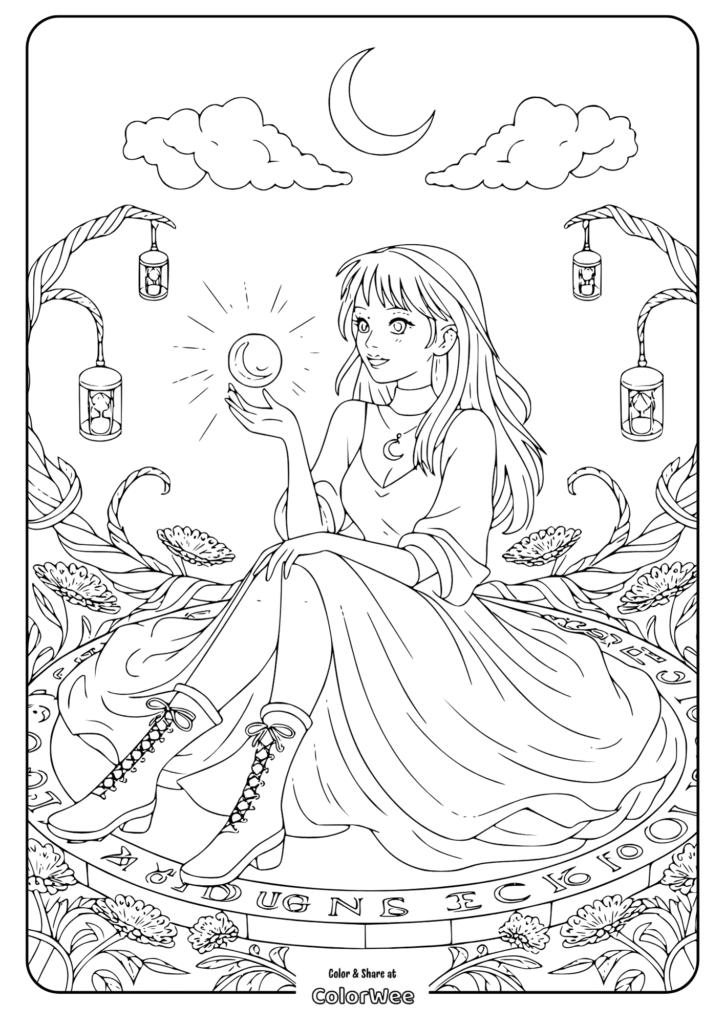 anime witch pentagram coloring page 1 Witch with crystal ball, crescent moon, and lanterns coloring page.