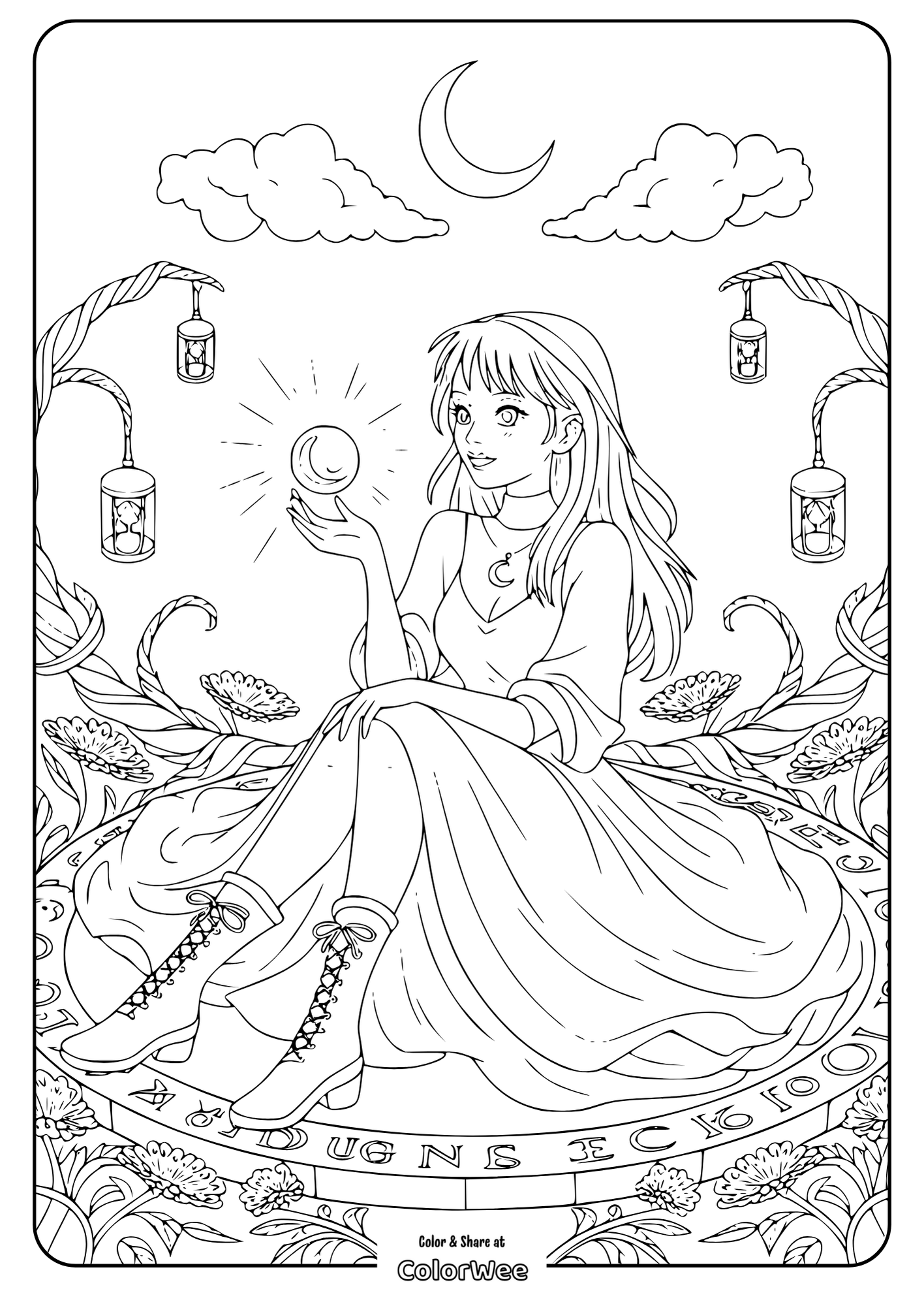 Witch with crystal ball, crescent moon, and lanterns coloring page.