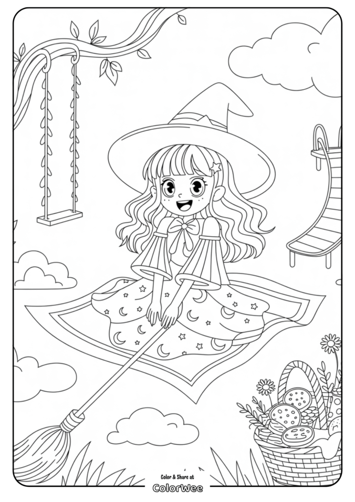 anime witch picnic coloring page 1 Young witch on broomstick coloring page with picnic basket.