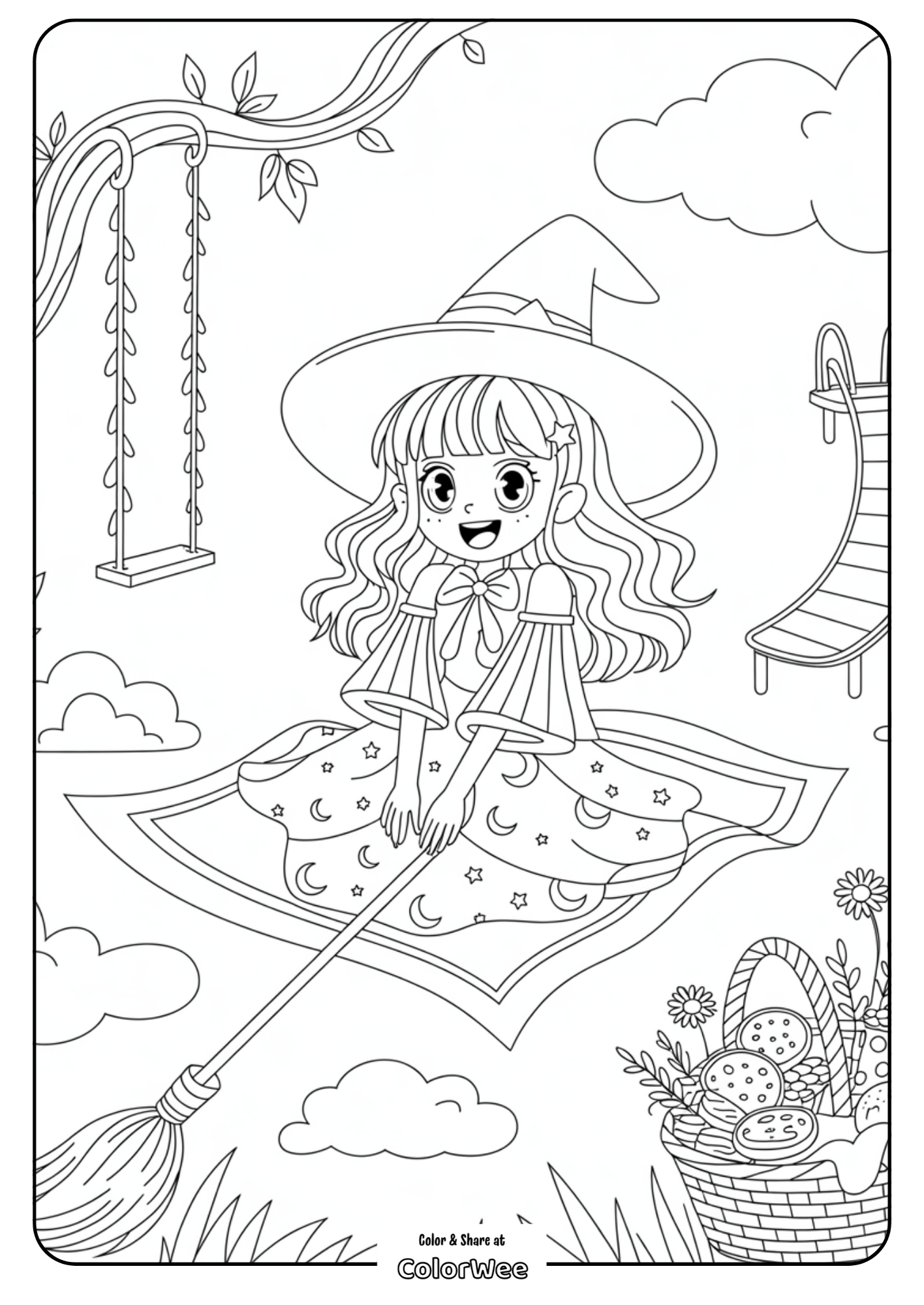 Young witch on broomstick coloring page with picnic basket.