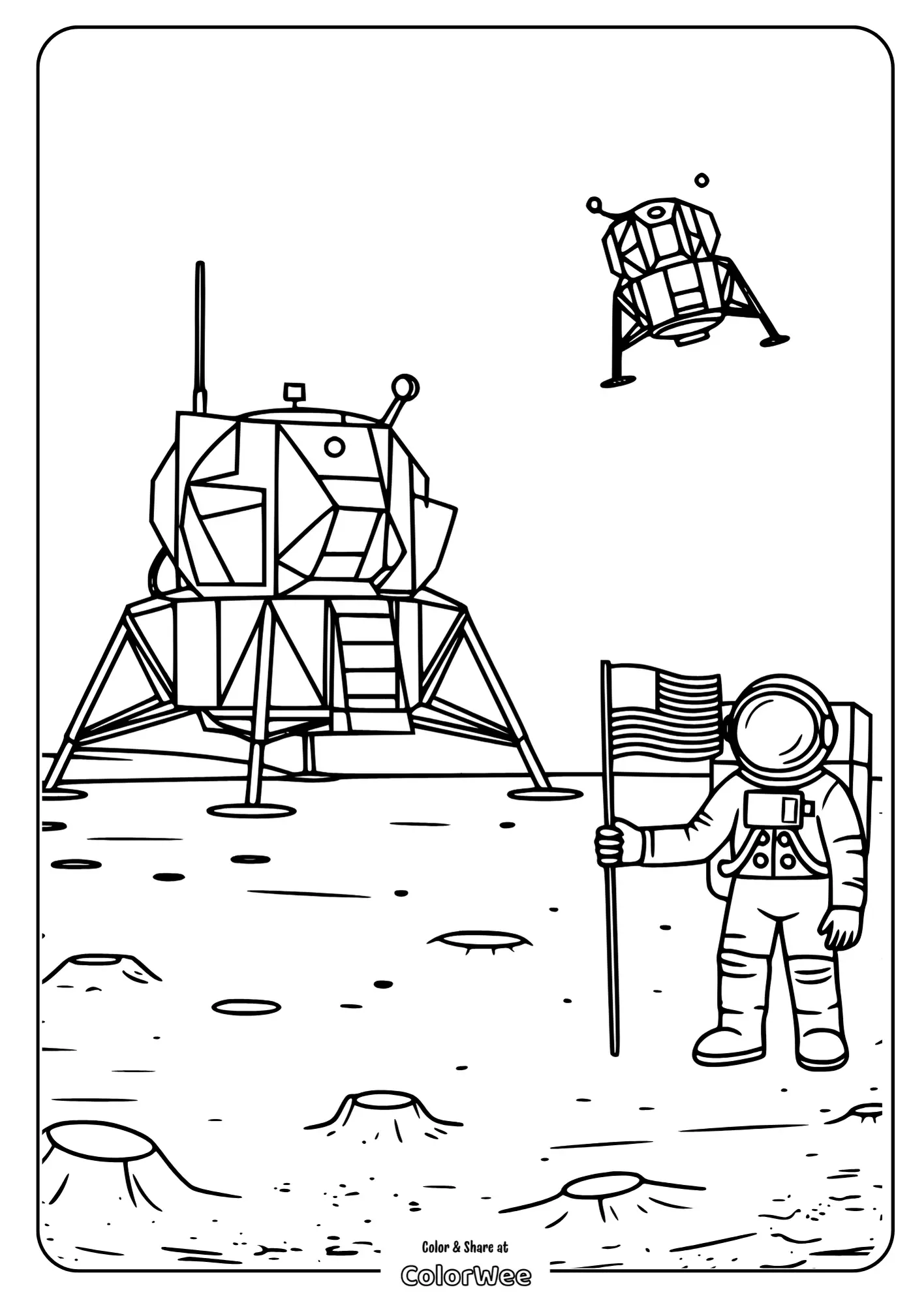 Moon landing coloring page with astronaut and lunar module.