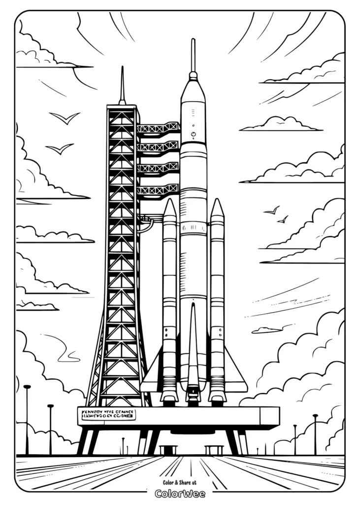 Coloring page of rocket on launch pad ready for takeoff.
