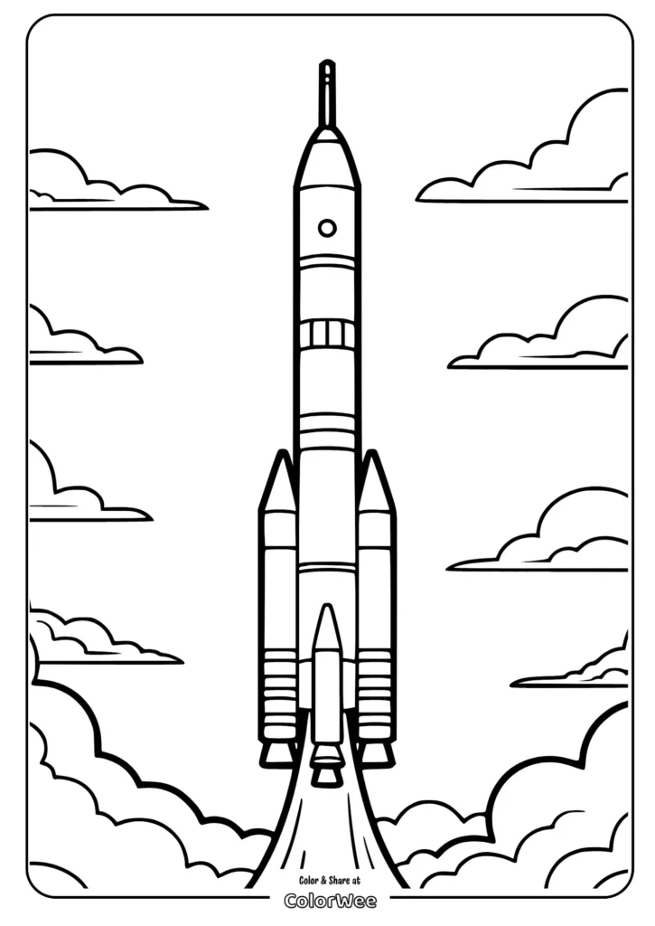 Rocket coloring page for kids with clouds and space theme.