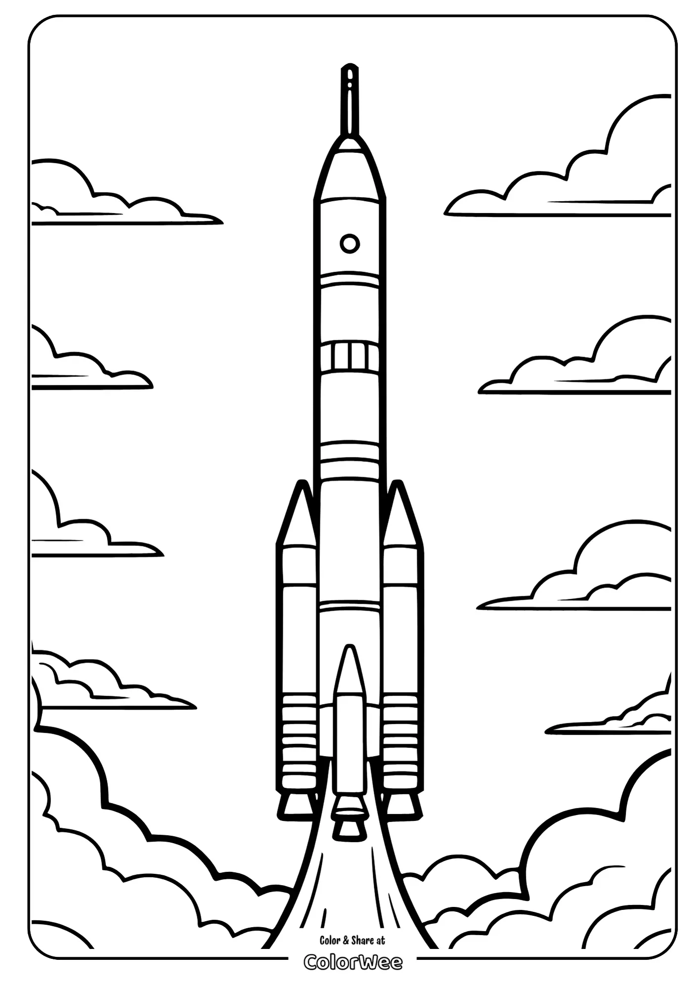 Rocket coloring page for kids with clouds and space theme.
