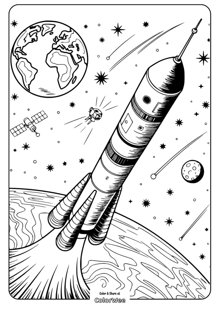 Coloring page of a rocket launching into space with Earth and stars.