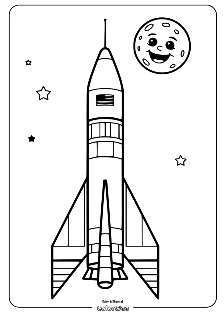 Rocket and Moon Coloring Page for Kids - Space Theme