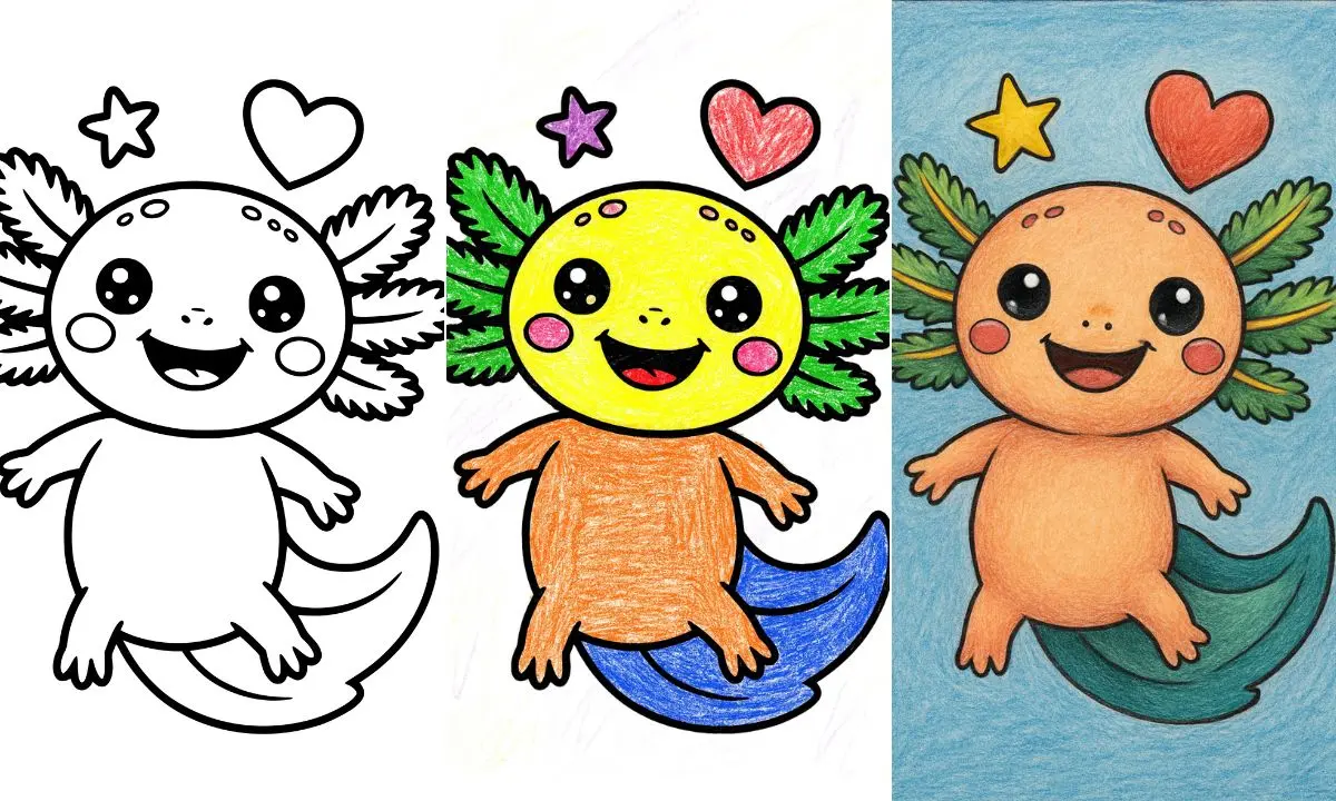 Cute axolotl coloring page progress from blank to hand coloring professional