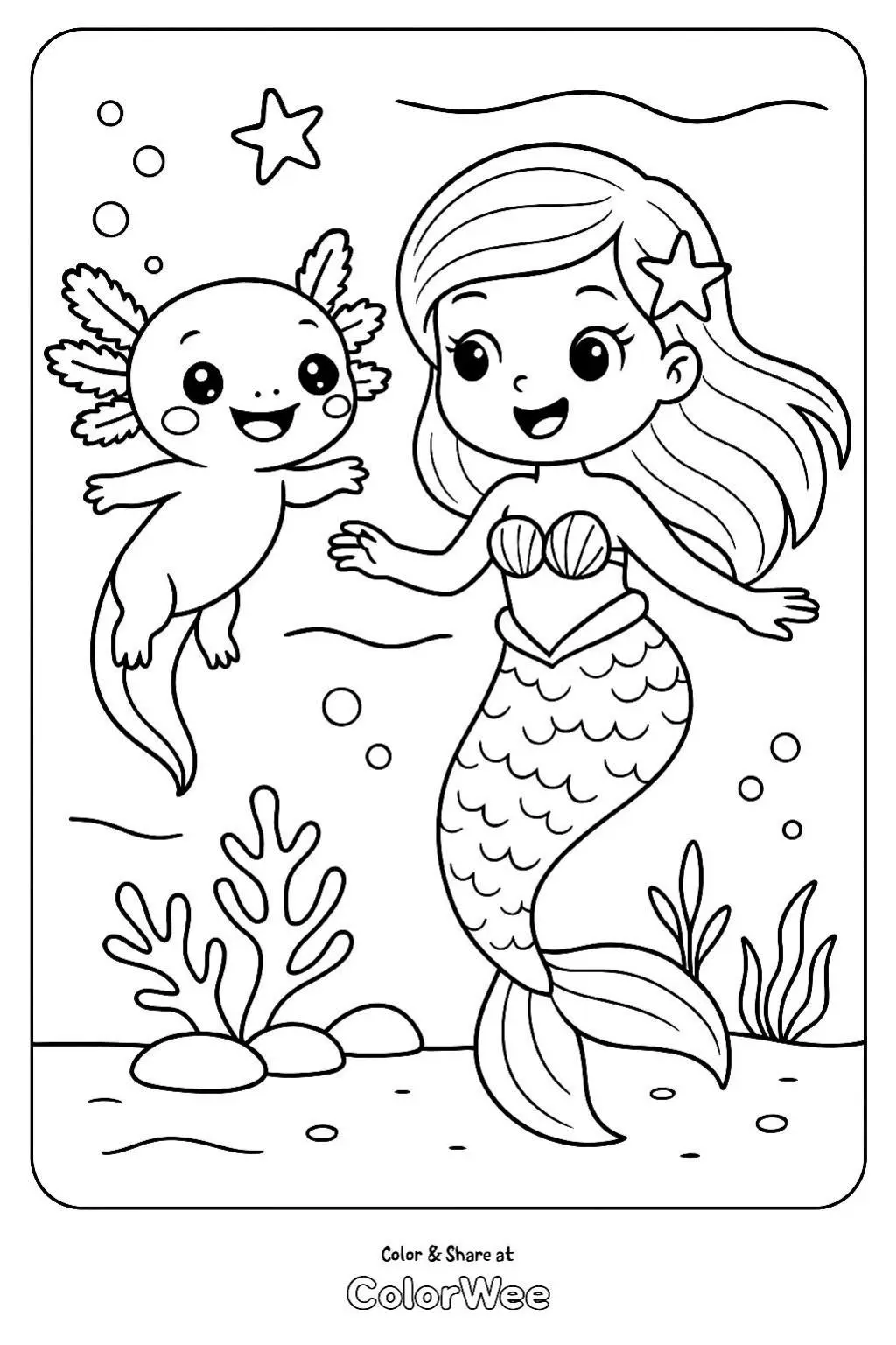 axolotl mermaid coloring page coloring page Mermaid and axolotl coloring page, underwater adventure scene.