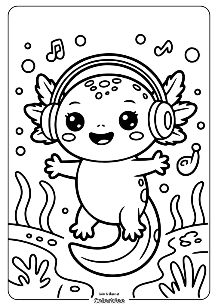 axolotl wearing headphones and dancing Cute axolotl with headphones coloring page for kids.