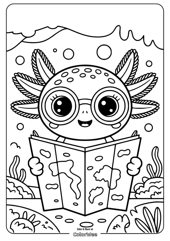 axolotl with big glasses studying a map Cute axolotl reading map coloring page for kids.