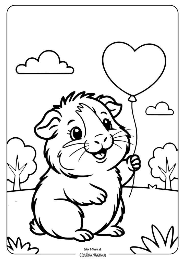 baby Guinea Pig Holding Balloon Cute guinea pig holding a heart balloon in a scenic meadow coloring page.