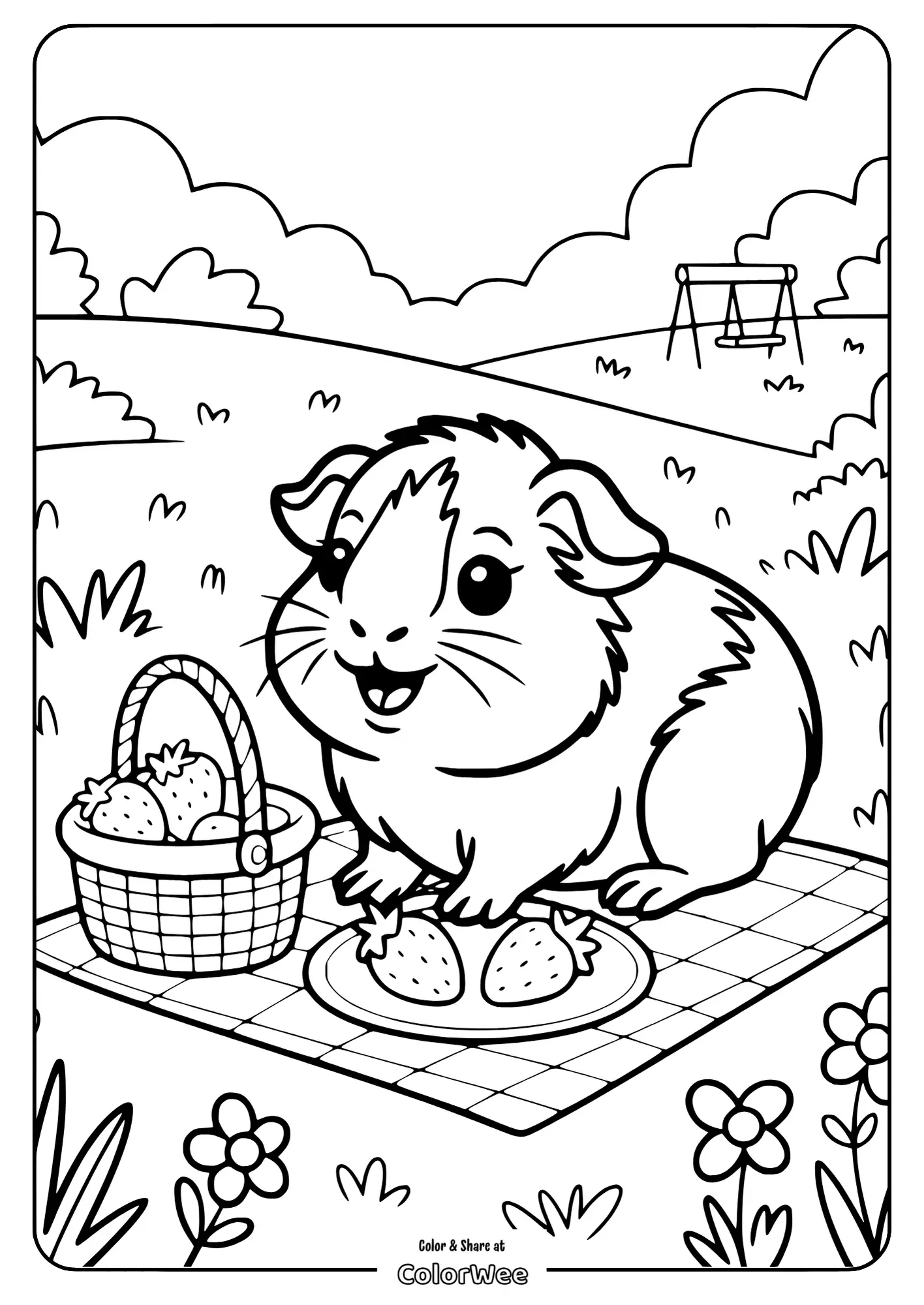 Guinea pig at picnic with strawberries coloring page.