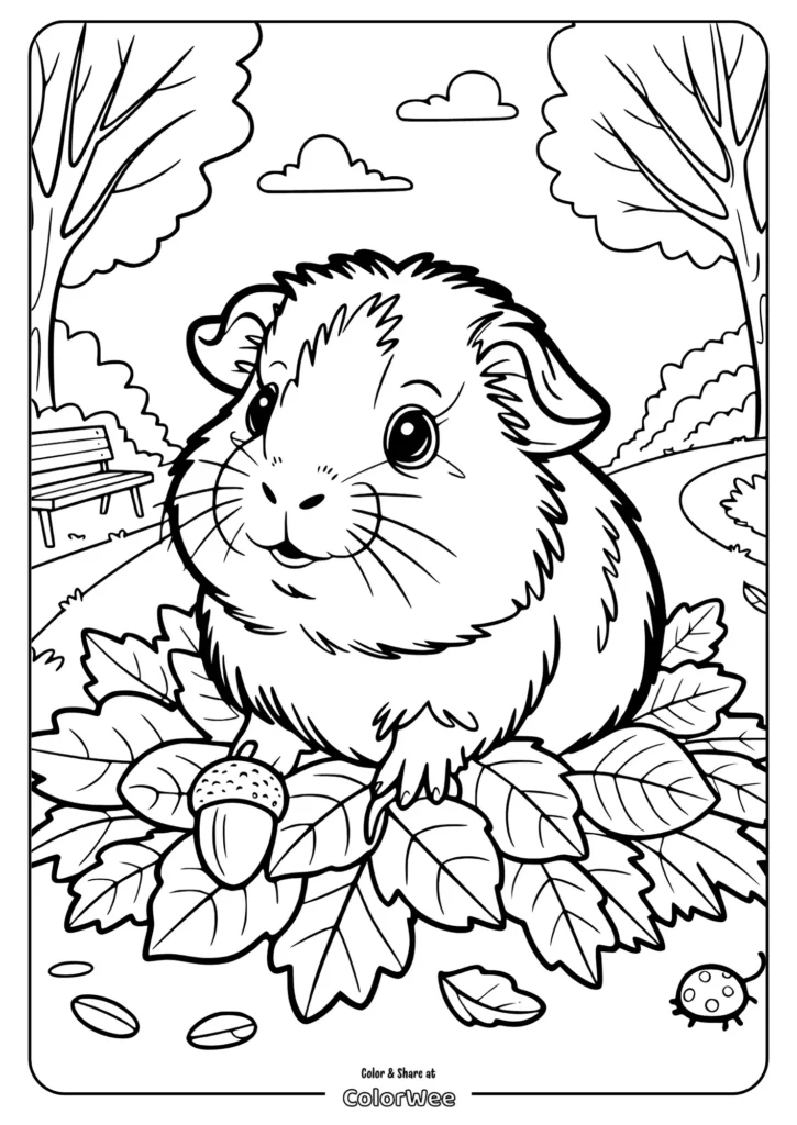 baby Guinea Pig in Autumn Cute guinea pig coloring page in a leafy park setting.