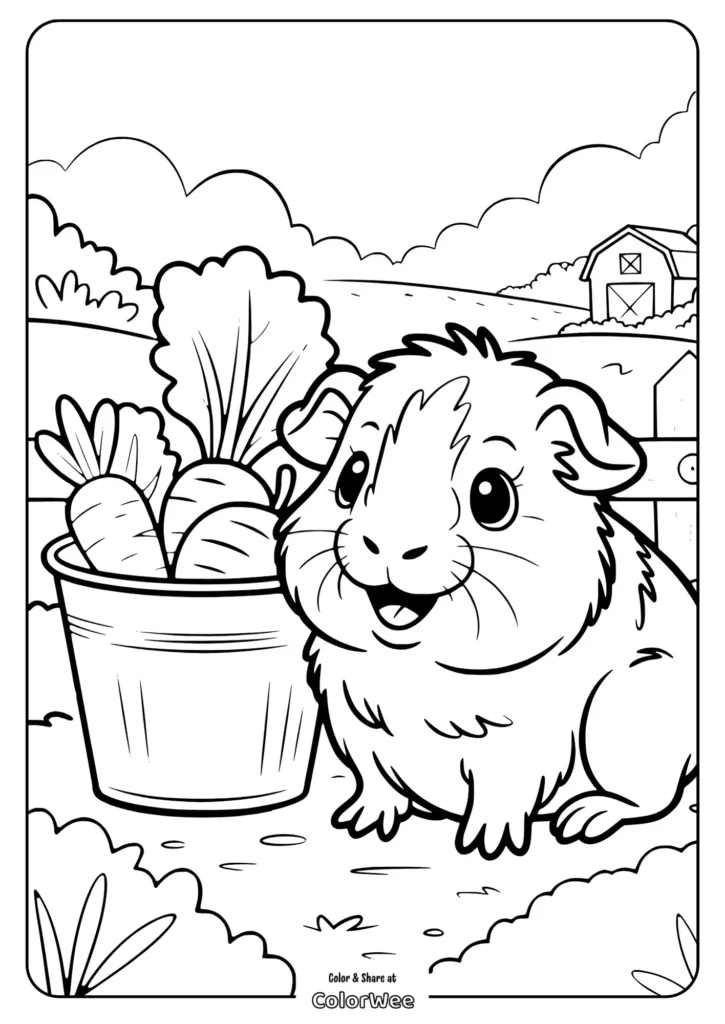 baby Guinea Pig in a Farm Guinea pig with a bucket of veggies coloring page.