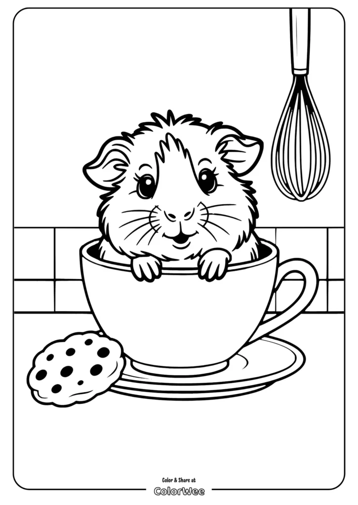 baby Guinea Pig in the Kitchen Cute hamster in teacup coloring page with cookie and whisk.