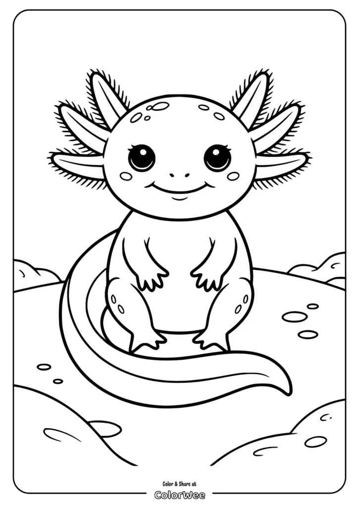 baby axolotl sitting and smiling Cute axolotl coloring page for kids' fun and creativity.