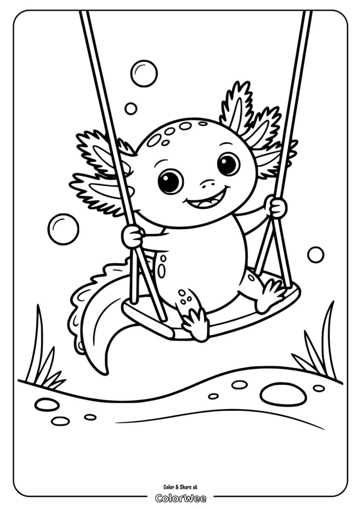baby axolotl sitting on a swing Cute axolotl swinging coloring page for kids.