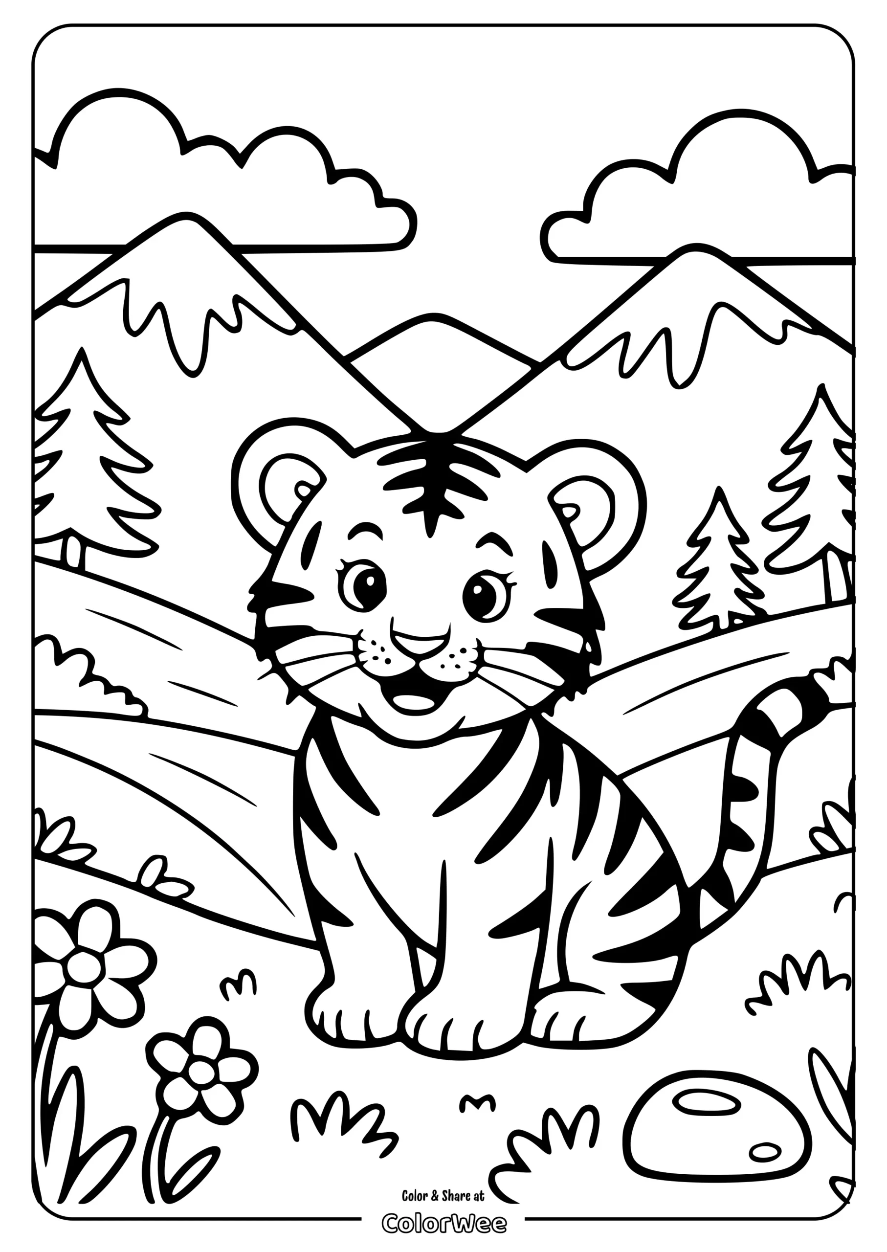 baby cub tiger mountain coloring page scaled Cute tiger cub in a mountain landscape coloring page.