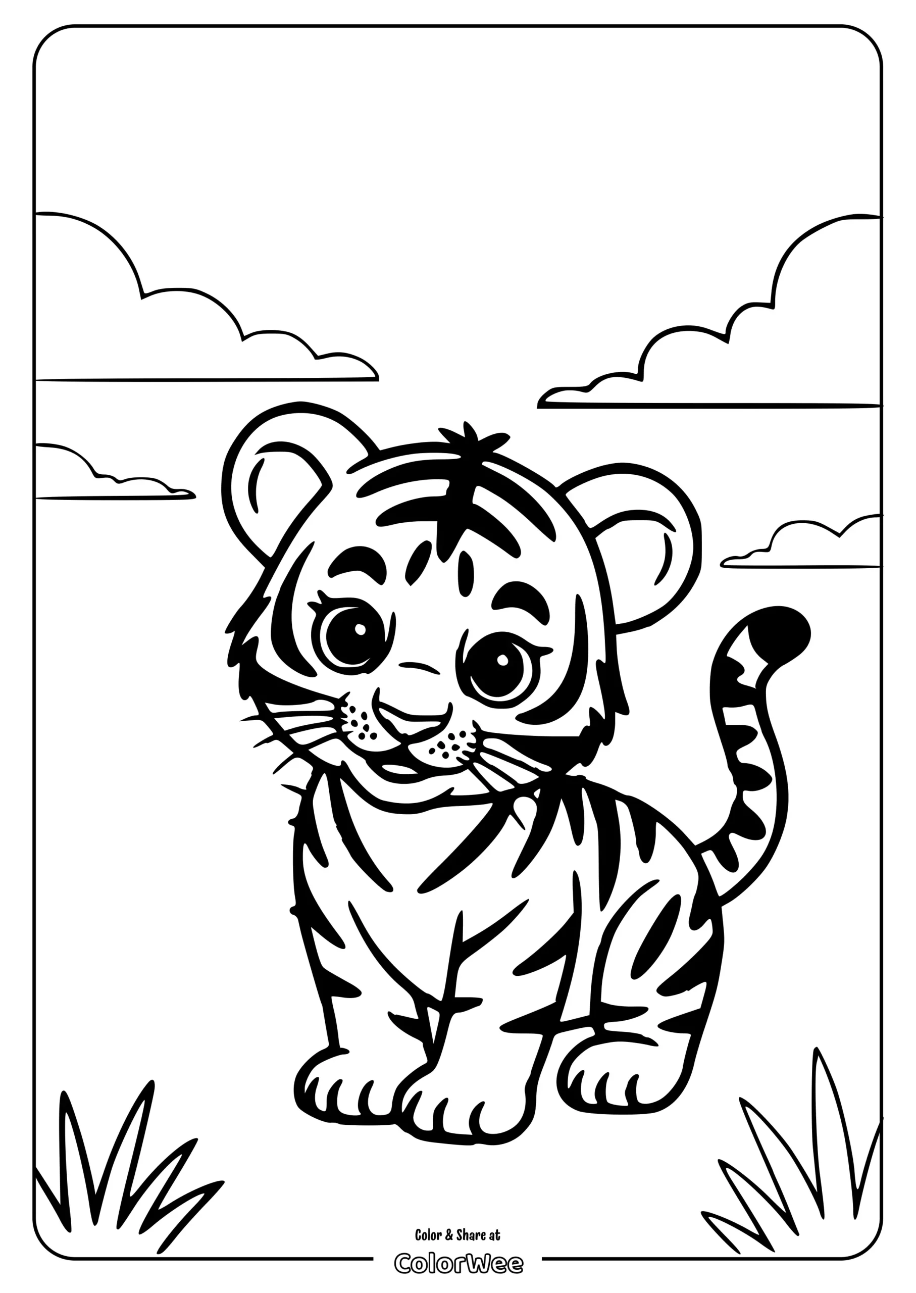 Cute tiger cub coloring page with clouds and grass.