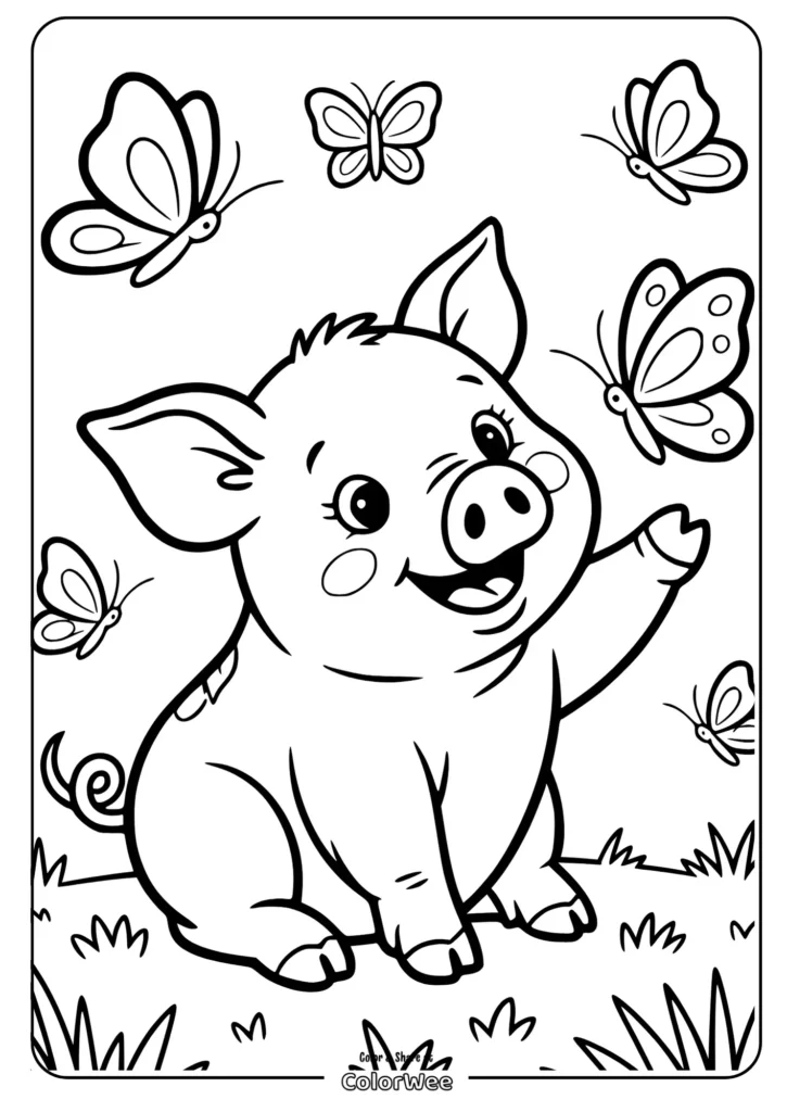 Cute piglet and butterflies coloring page for kids.