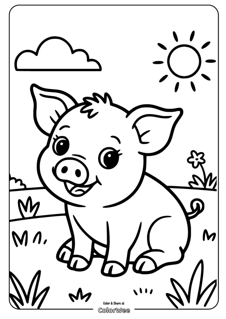 Cute piglet coloring page with sun and clouds.