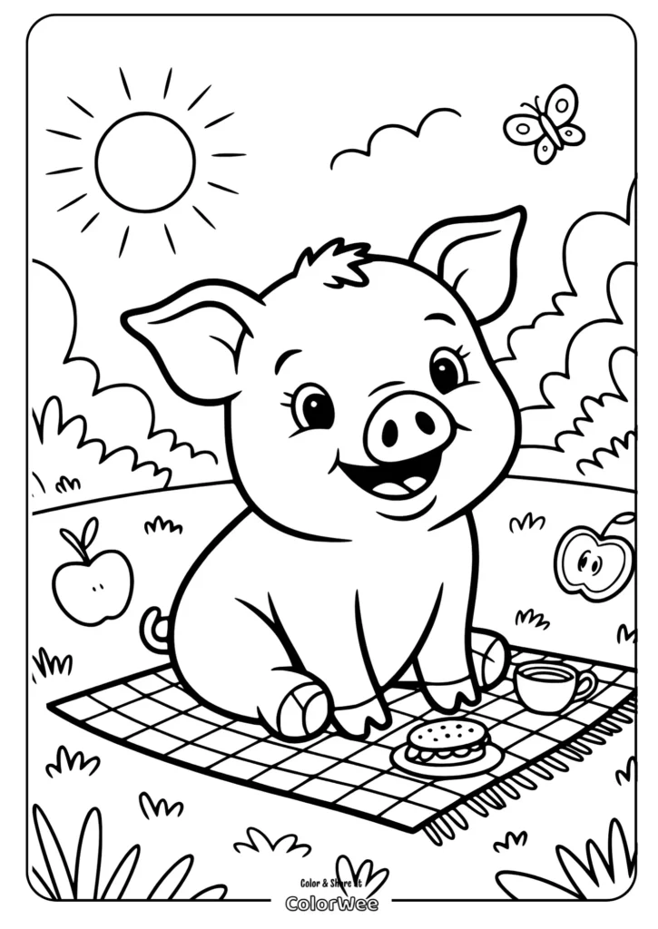 Cute piglet picnic coloring page for kids.