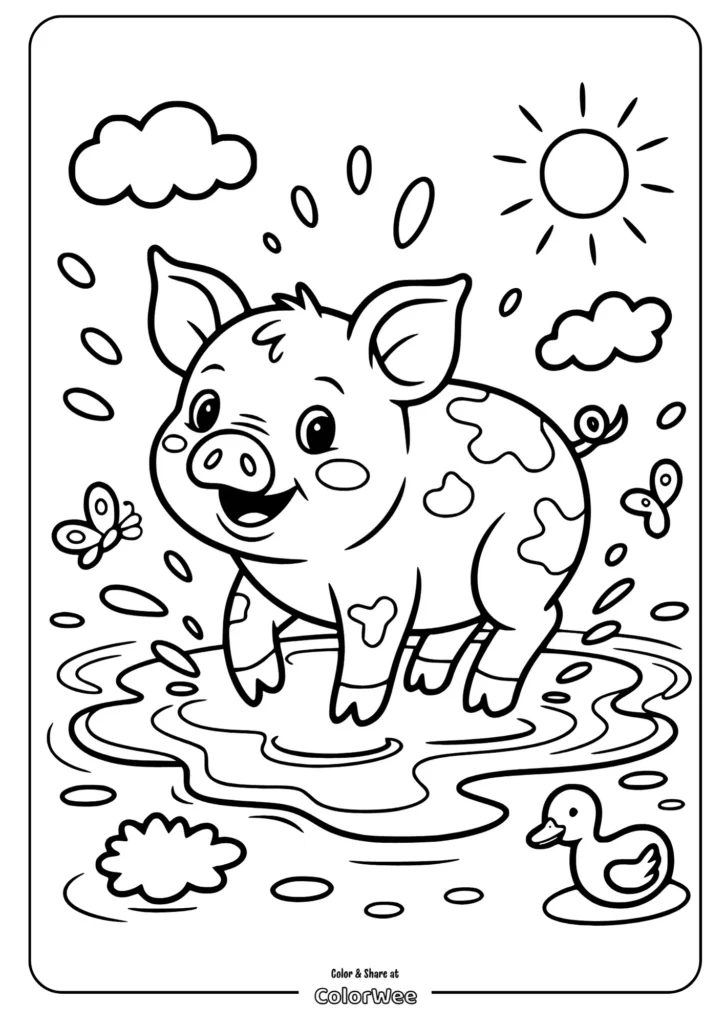 Cute pig splashing in puddle coloring page with butterfly and clouds.