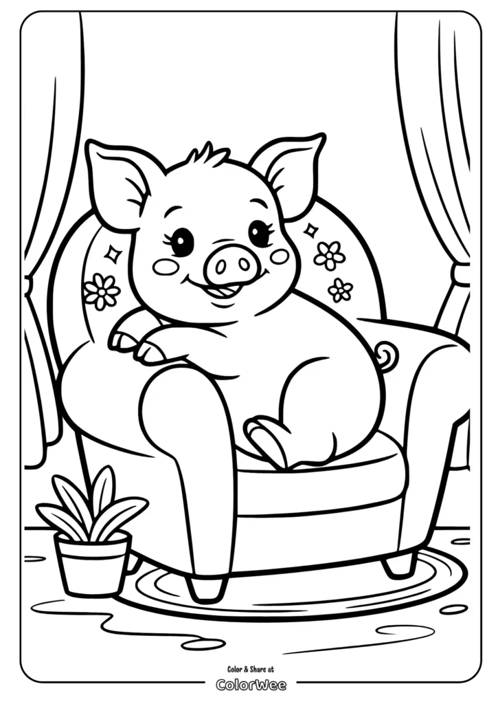 Cute pig sitting on a cozy chair coloring page.
