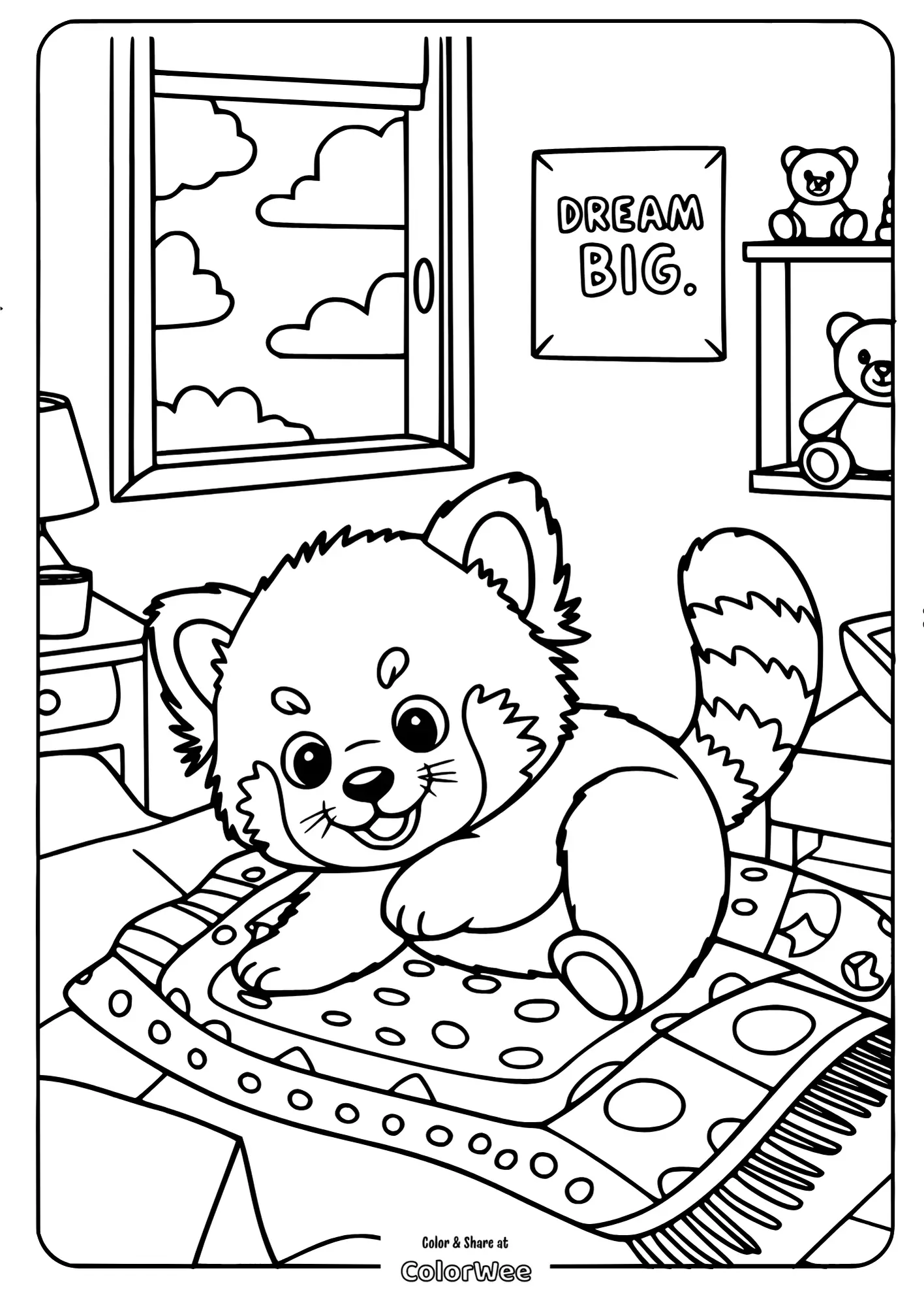 baby red panda bedroom rolling coloring page.pdf 2 Cute red panda in a cozy bedroom coloring page.