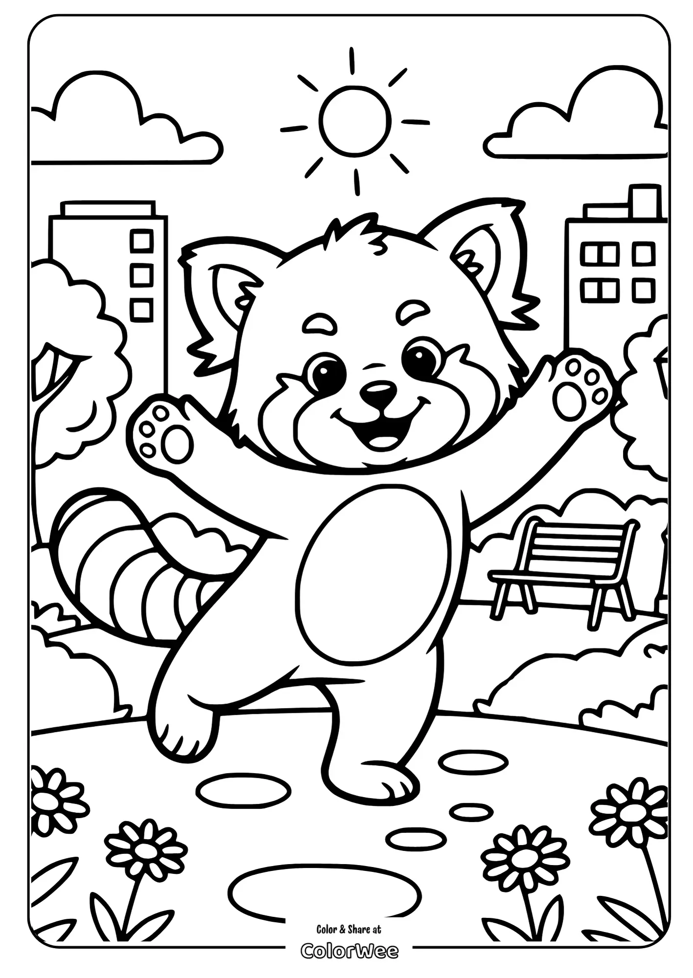 baby red panda city park coloring page 2 Cute panda coloring page for kids - outdoors with sun and flowers.