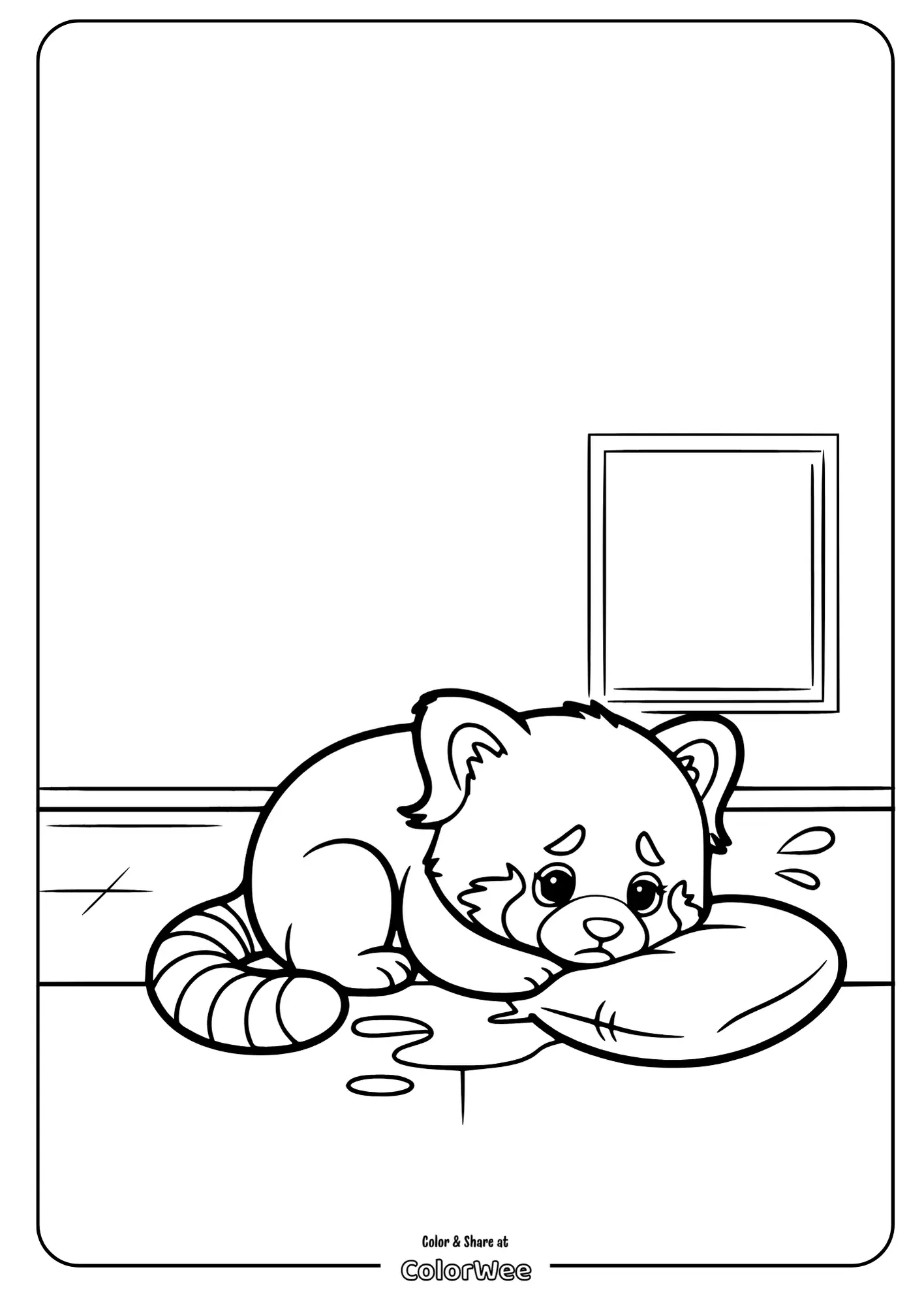 baby red panda crying simple coloring page.pdf 2 Sad panda cuddling a pillow coloring page.