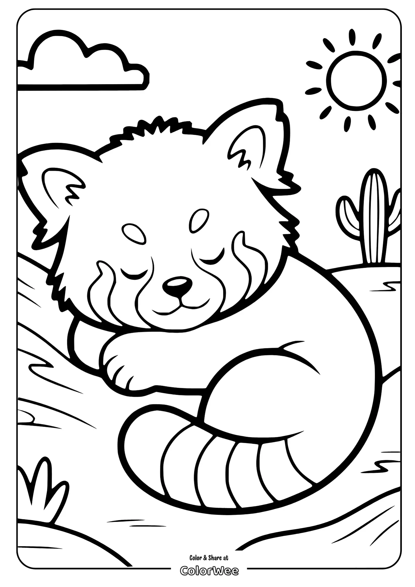 baby red panda desert sleeping coloring easy 2 Cute sleeping red panda coloring page for kids.