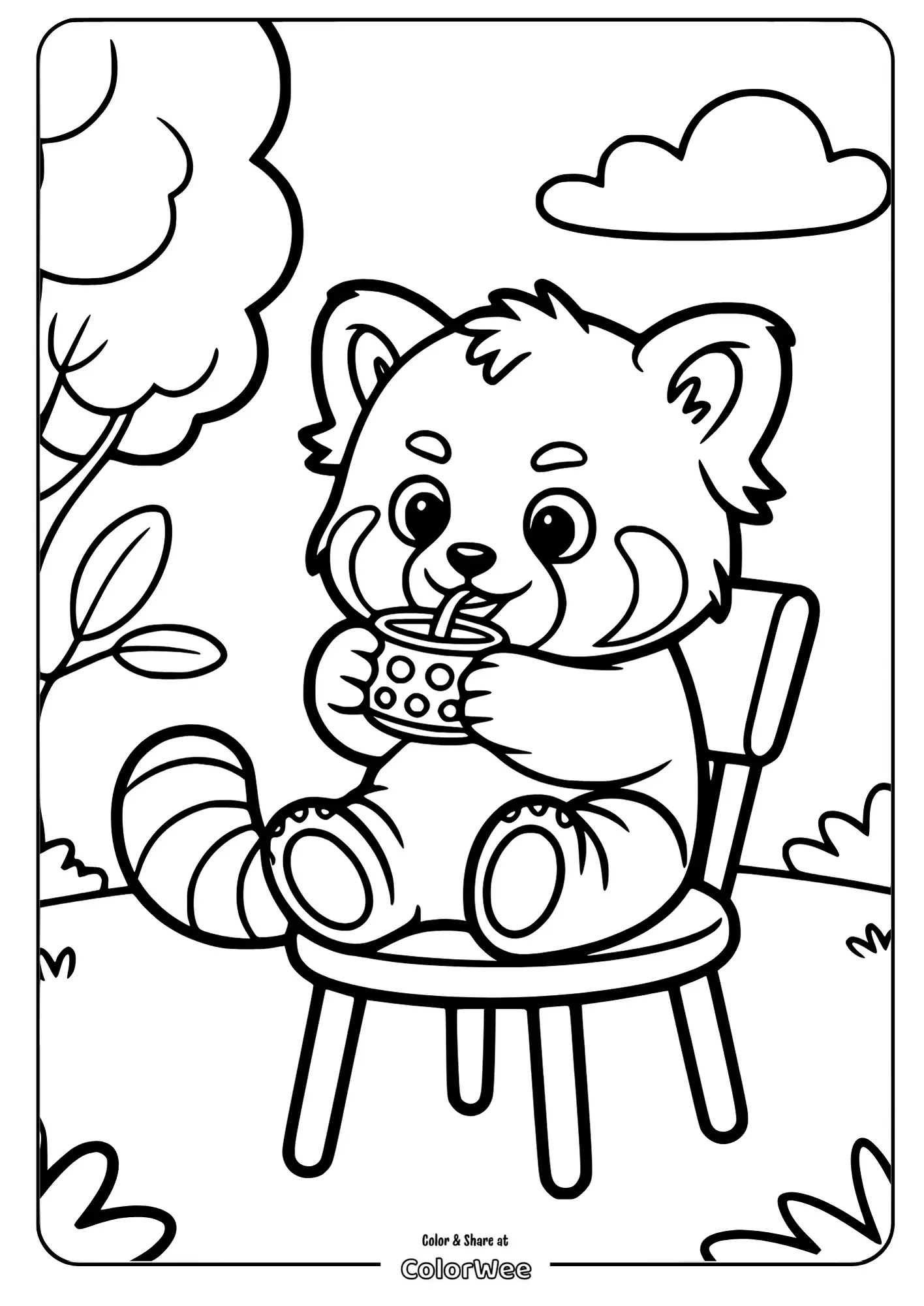 baby red panda drinking 2 Cute red panda sipping a drink on a chair coloring page.