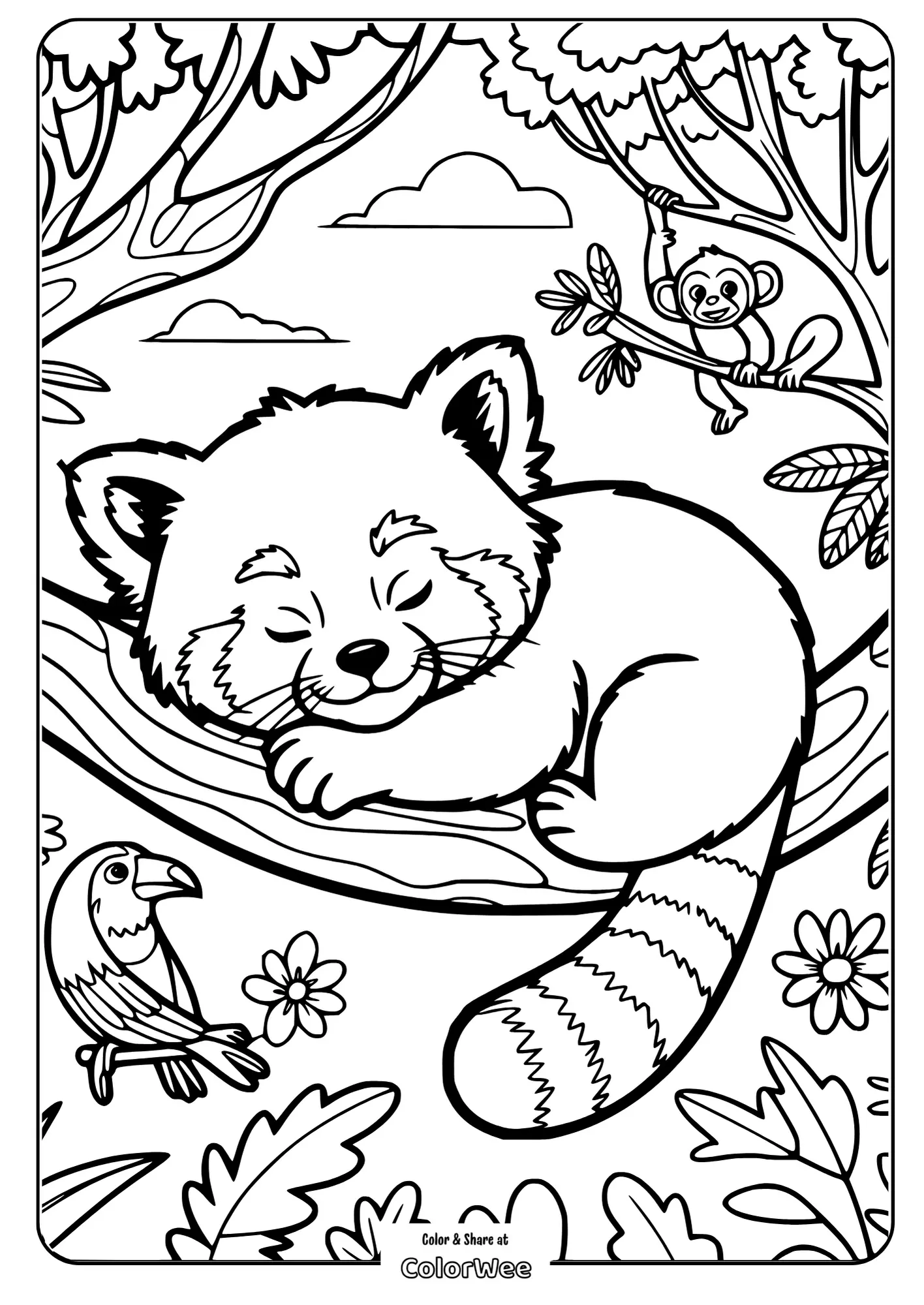 baby red panda jungle lazing coloring page.pdf 2 Cute animal coloring page with sleeping raccoon and playful monkey.