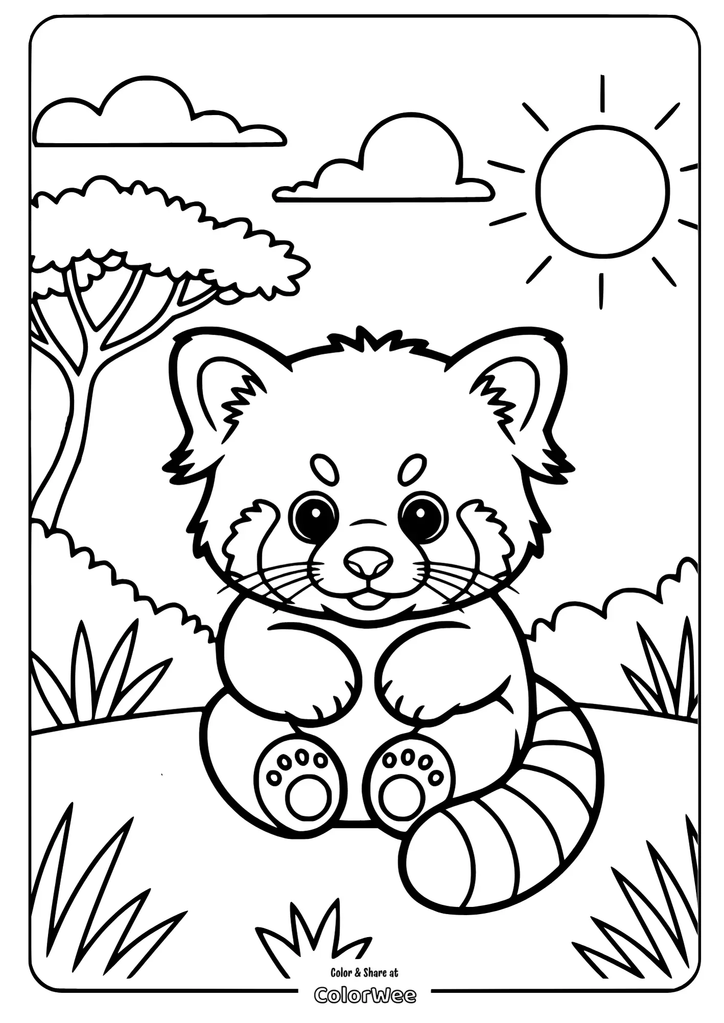 baby red panda safari coloring easy 2 Cute cartoon panda coloring page with sun and tree.
