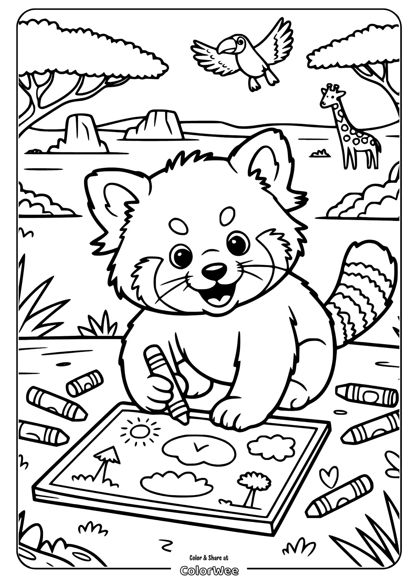 baby red panda safari drawing coloring page.pdf 2 Cute panda coloring page with crayons in safari setting.