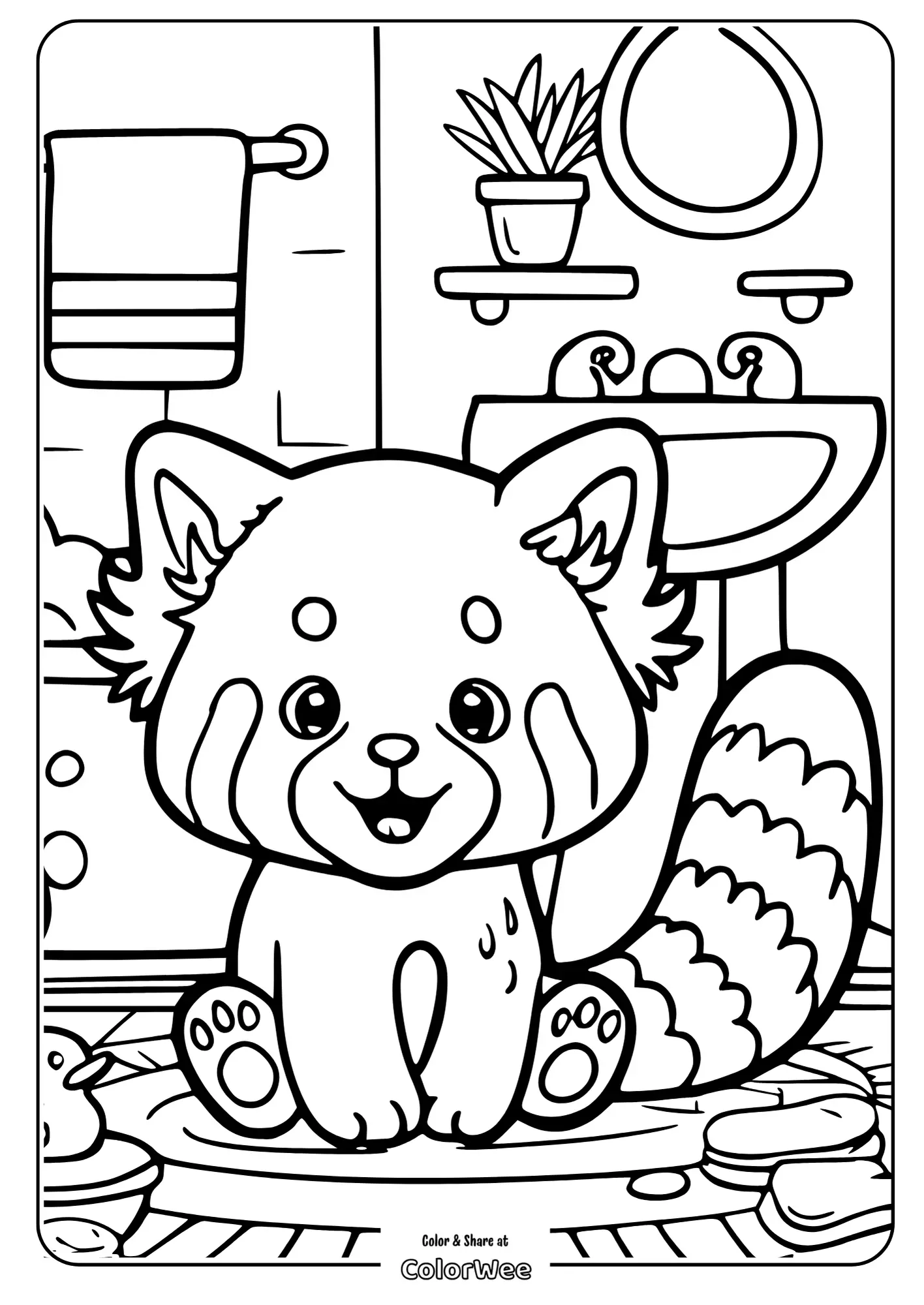 baby red panda shower coloring page.pdf 2 Cute red panda in bathroom coloring page for kids.