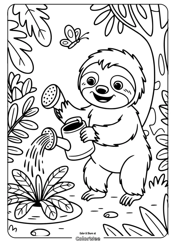 Sloth watering plants coloring page with butterfly.