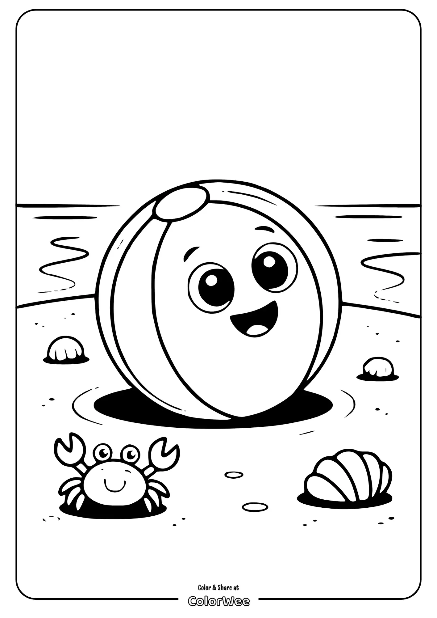 Smiling beach ball and crab coloring page by the sea.