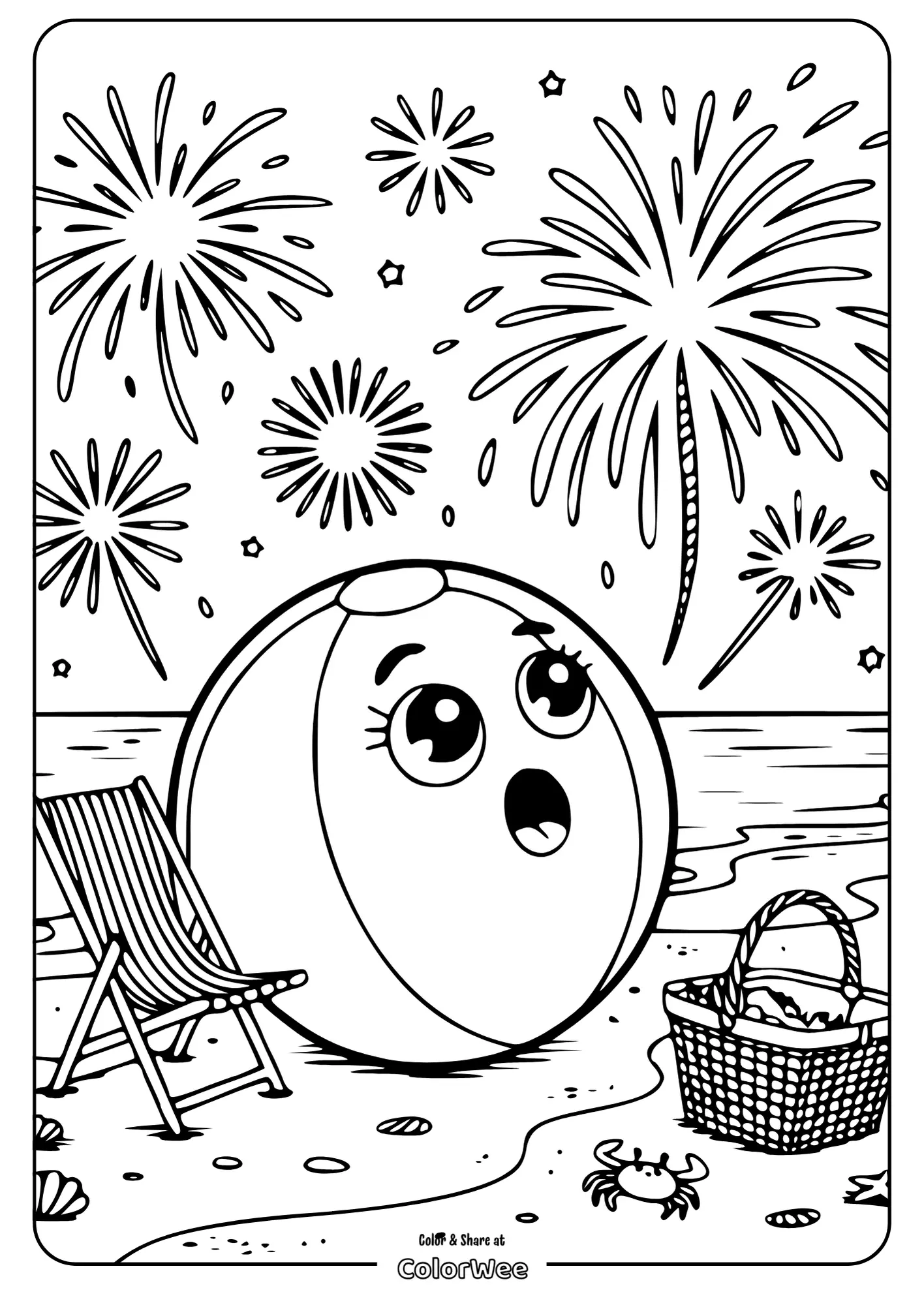 Beach ball and fireworks coloring page for kids.