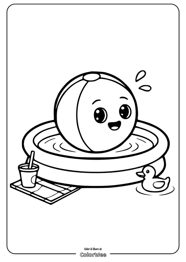 beach ball floating coloring pages Happy beach ball in kiddie pool with rubber duck and drink.