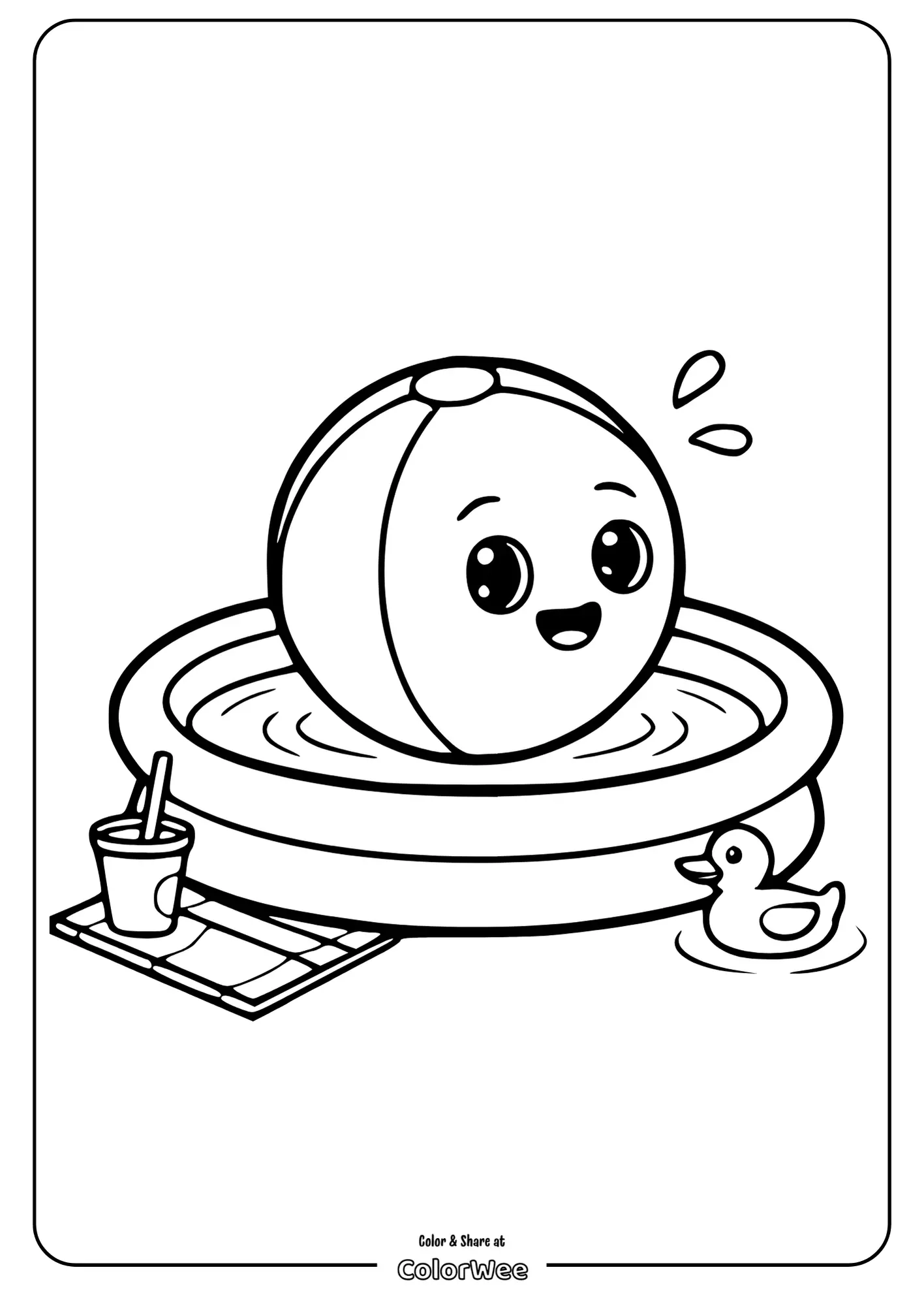 Happy beach ball in kiddie pool with rubber duck and drink.