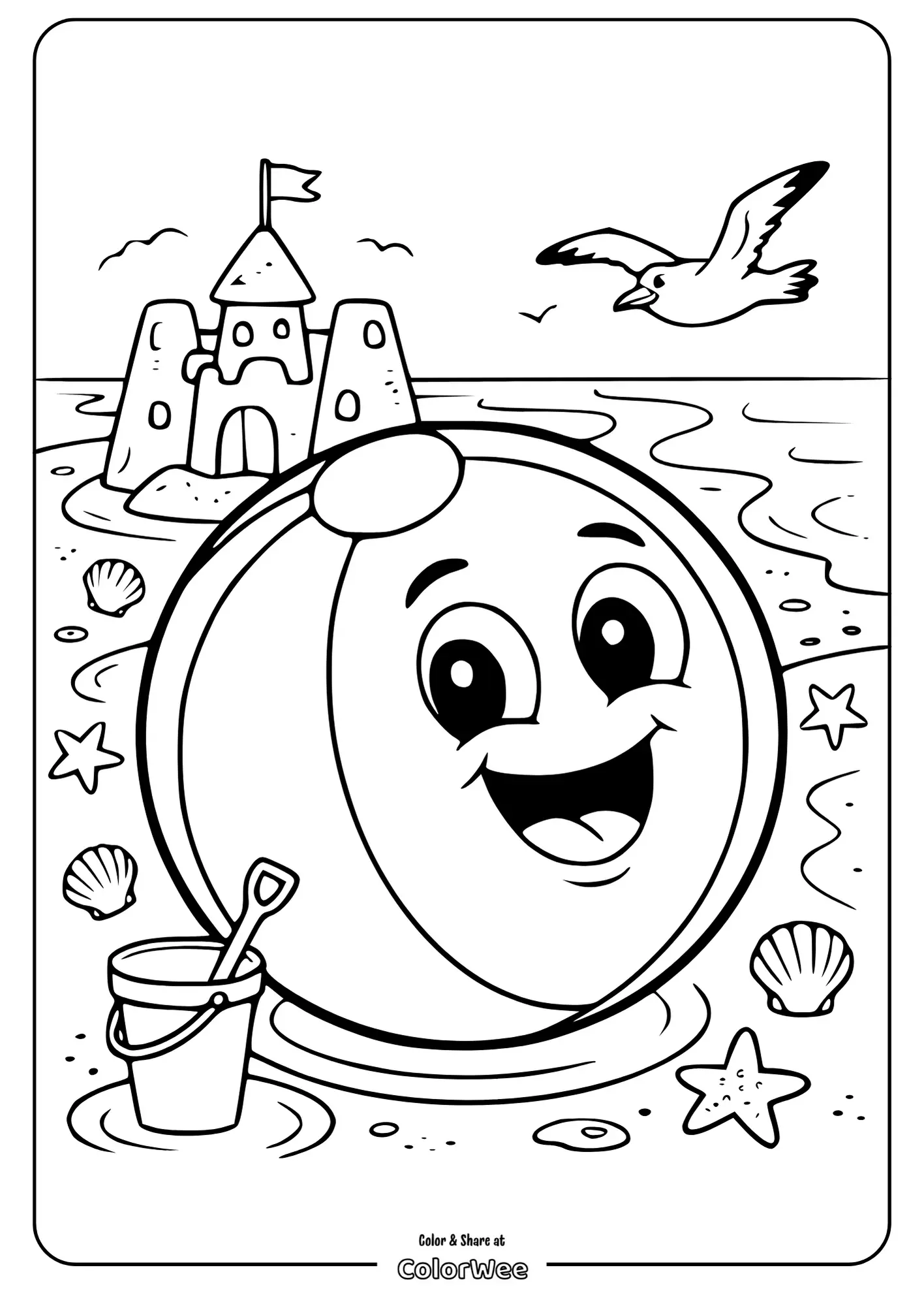 Smiling beach ball at seaside with sandcastle and seagull coloring page.
