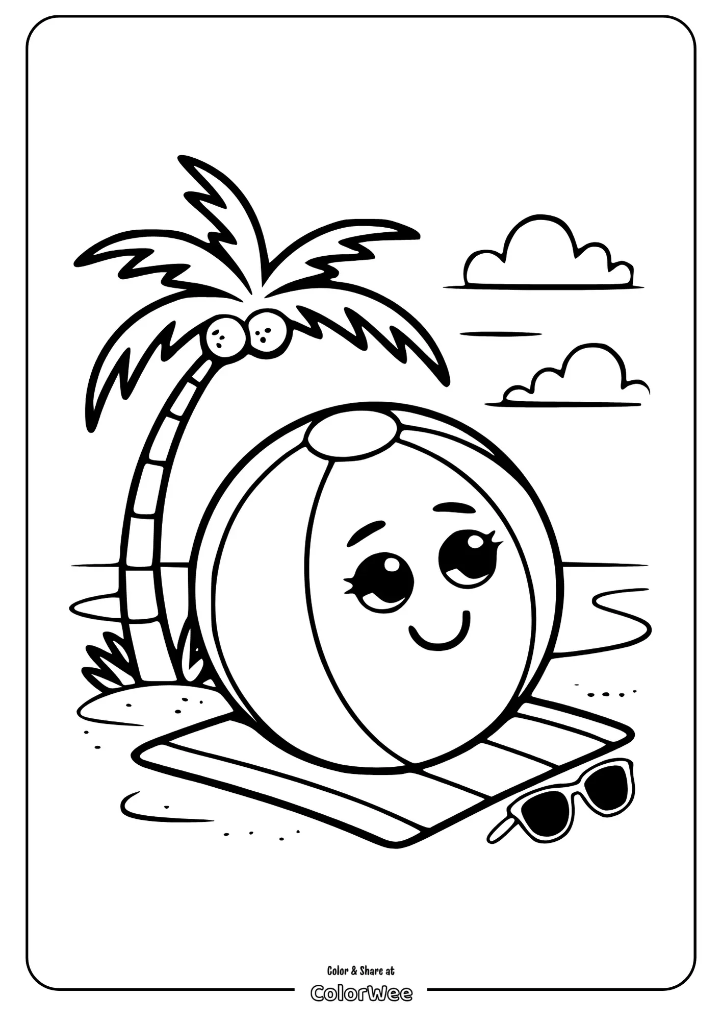 Cute beach ball with face under palm tree on a coloring page.