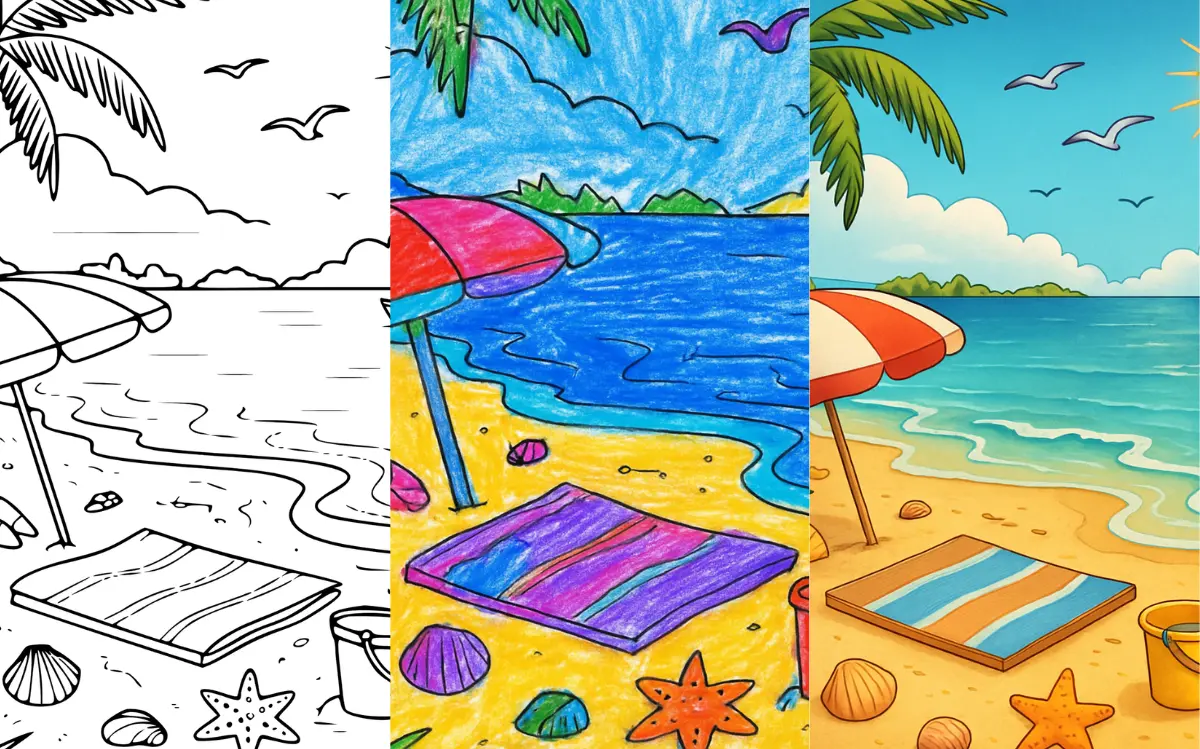 Beach coloring page with umbrella, towel, and seashells.
