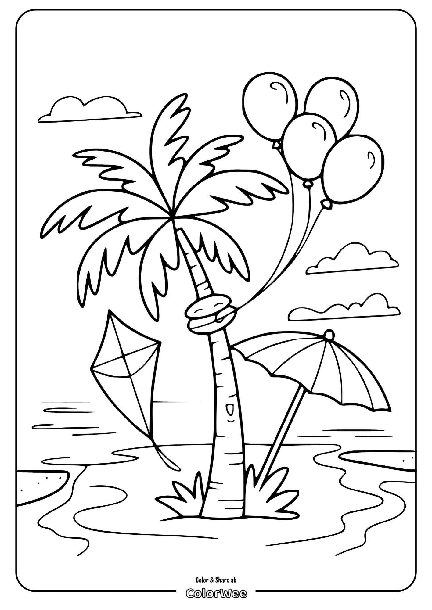 Palm tree, kite, and balloons on a beach coloring page.