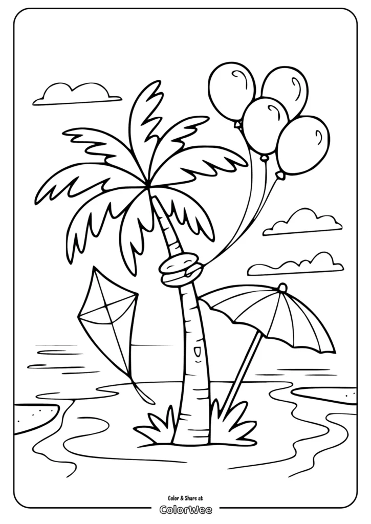beach palm balloons coloring pages Palm tree, kite, and balloons on a beach coloring page.