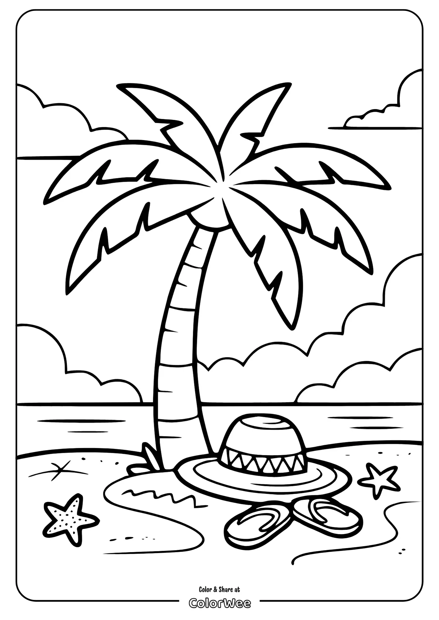 Palm tree beach scene with hat and flip-flops coloring page.