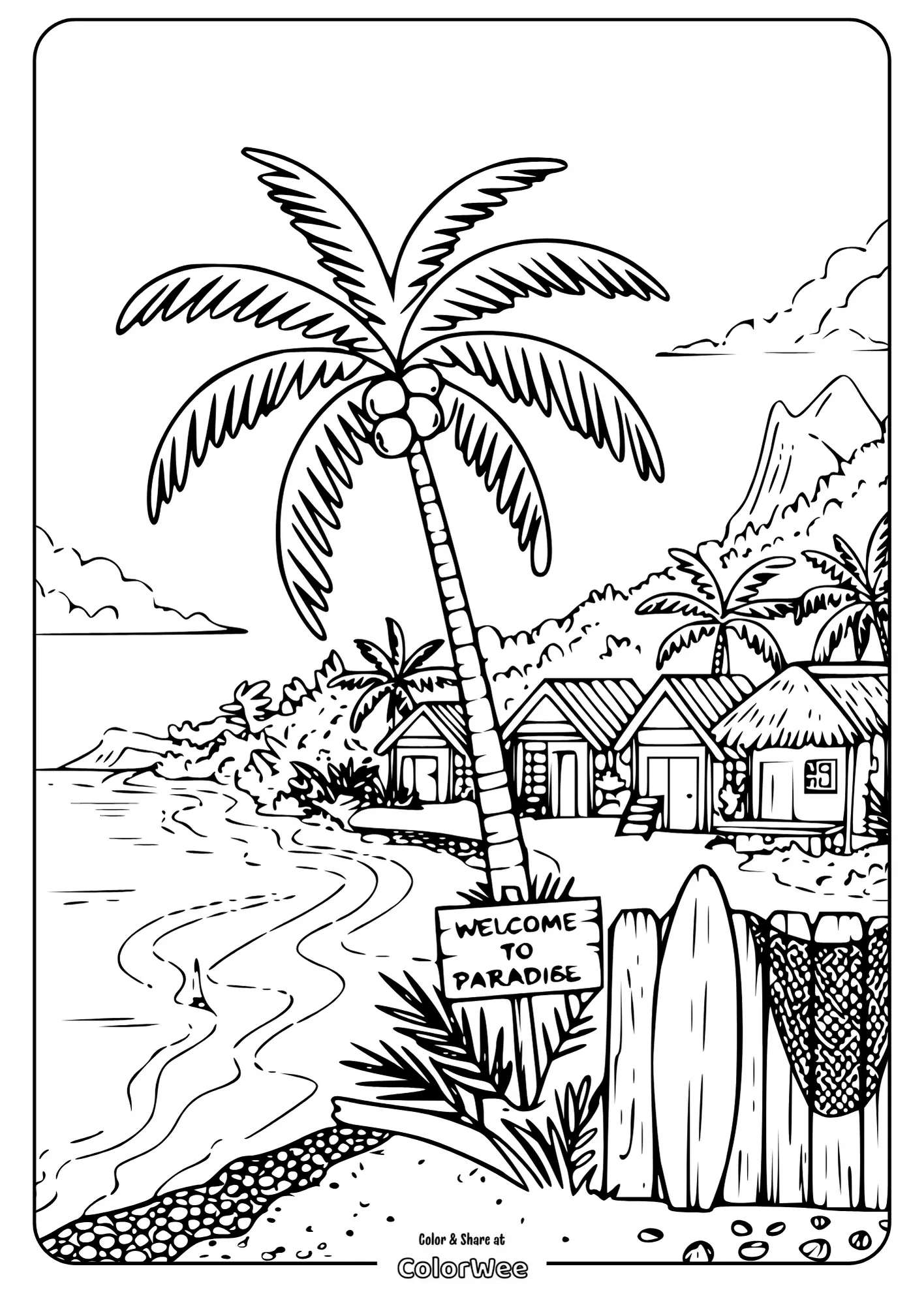 Paradise beach scene with palm trees and huts coloring page.