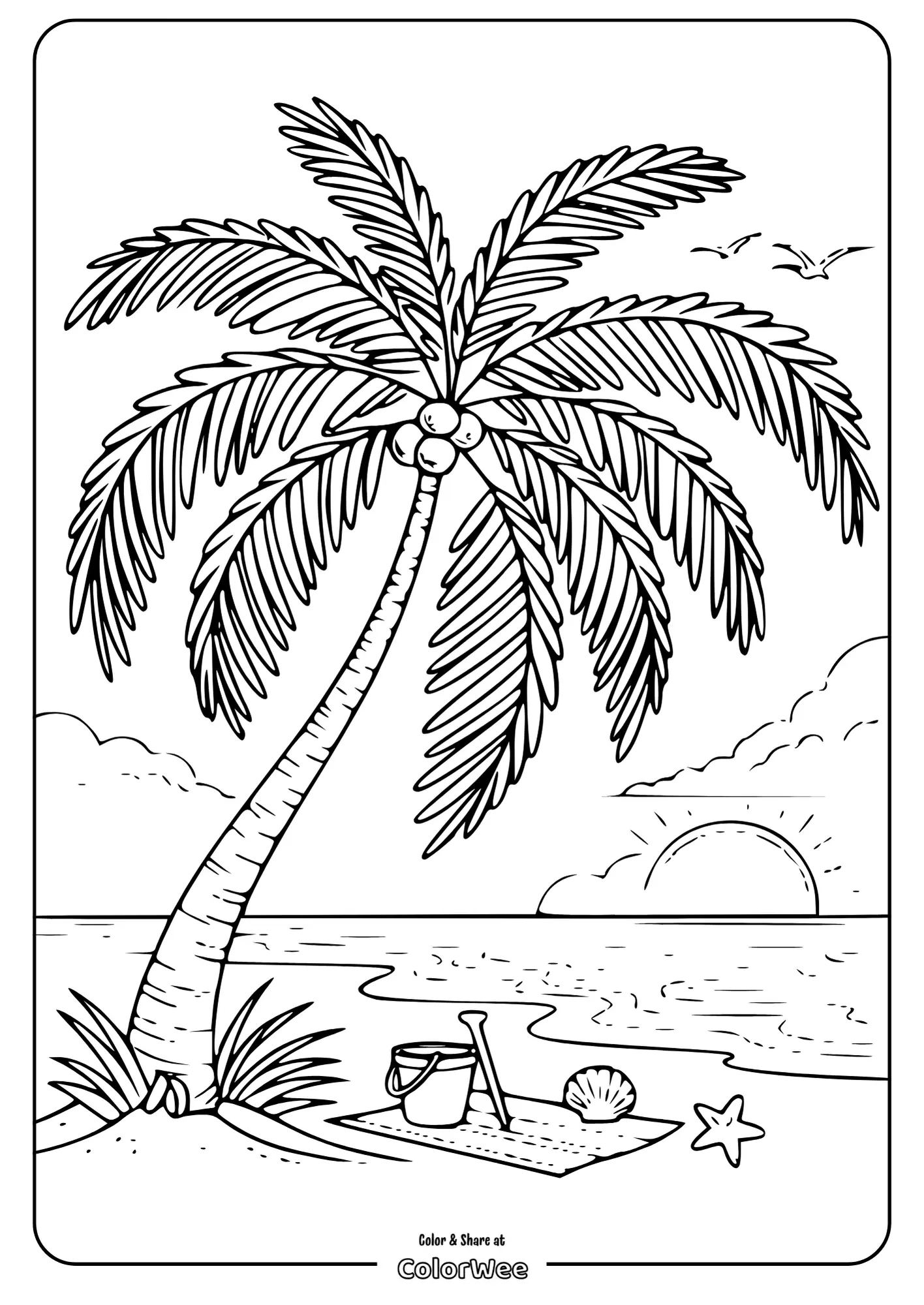 Palm tree beach scene coloring page with sunset and ocean view.